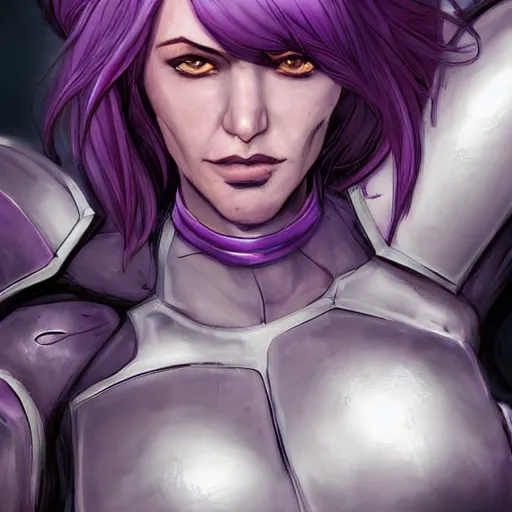 Prompt: extreme close up portrait, pale woman with flowing purple hair in rusty sci - fi power armor, high detail, stoic, elegant, by stjepan sejic, sunstone, dc comic, marvel comic
