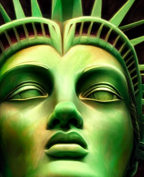 Image similar to broken statue of liberty, perfect face, symmetrical eyes, green skin, cinematic, stunning, elegant, highly detailed, psychedelic, digital painting, artstation, smooth, hard focus, illustration, art by jessica rossier and and brian froud