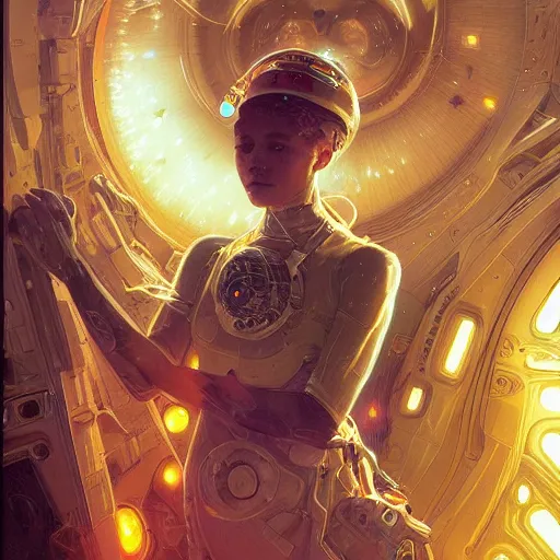 Prompt: portrait of a techno wizard astronaut with an epic cosmic background, intricate, elegant, highly detailed, digital painting, artstation, smooth, sharp focus, illustration, art by artgerm and greg rutkowski and alphonse mucha