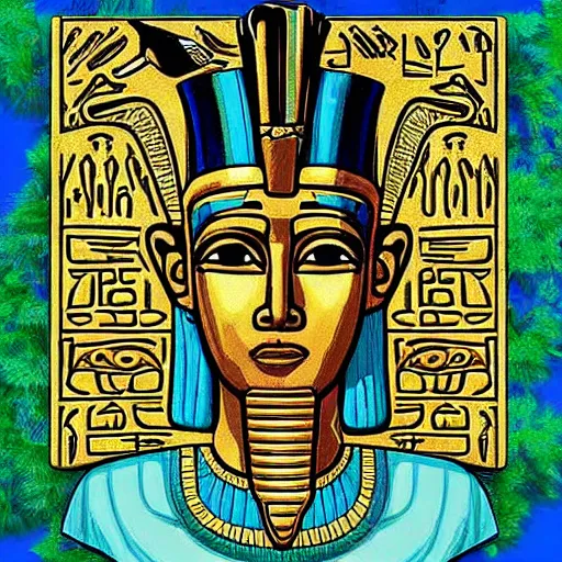 Prompt: a pharaoh with the face of donald trump and a maga hat, majestic, powerful, pyramids, anunaki, hieroglyphs, lush, rainforest, river, green, river god, wilbur smith, gold, trump tower