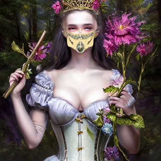 Image similar to A masterpiece ultrarealistic ultradetailed portrait of a Incredibly beautiful angel armored princess knight IN INCREDIBLE FEARFUL sharp poisoned GAS MASK WITH FLOWERS and swarovski crystals. baroque renaissance. in the forest. White amazing corset. medium shot, intricate, elegant, highly detailed. trending on artstation, digital art, by Stanley Artgerm Lau, WLOP, Rossdraws, James Jean, Andrei Riabovitchev, Marc Simonetti, Yoshitaka Amano. background by James Jean and Gustav Klimt, light by Julie Bell, 4k, porcelain skin. BY ZDIZISLAW BEKSINSKI Cinematic concept art