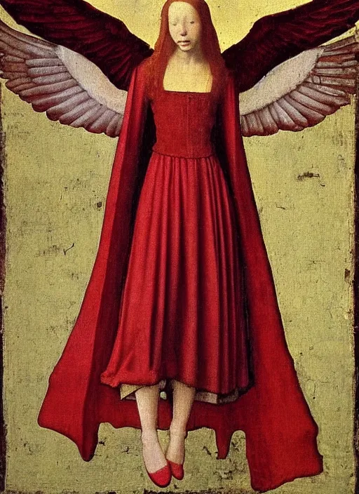 Image similar to Flying Fallen Angel with wings dressed in red, Medieval painting by Jan van Eyck, Johannes Vermeer, Florence