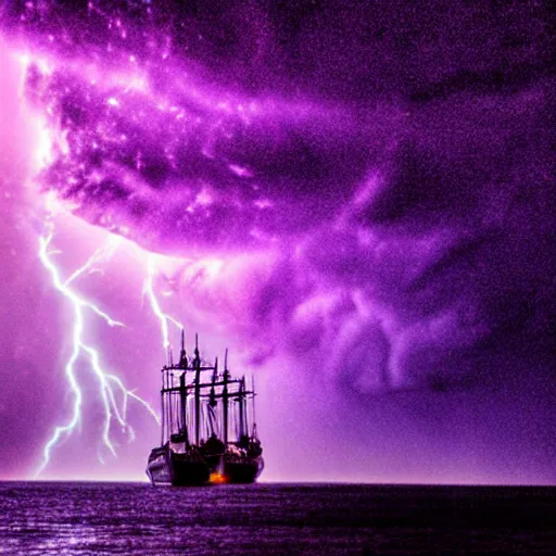 Image similar to purple color lighting storm with stormy sea, pirate ship firing its cannons real life trippy nebula sky 50mm shot