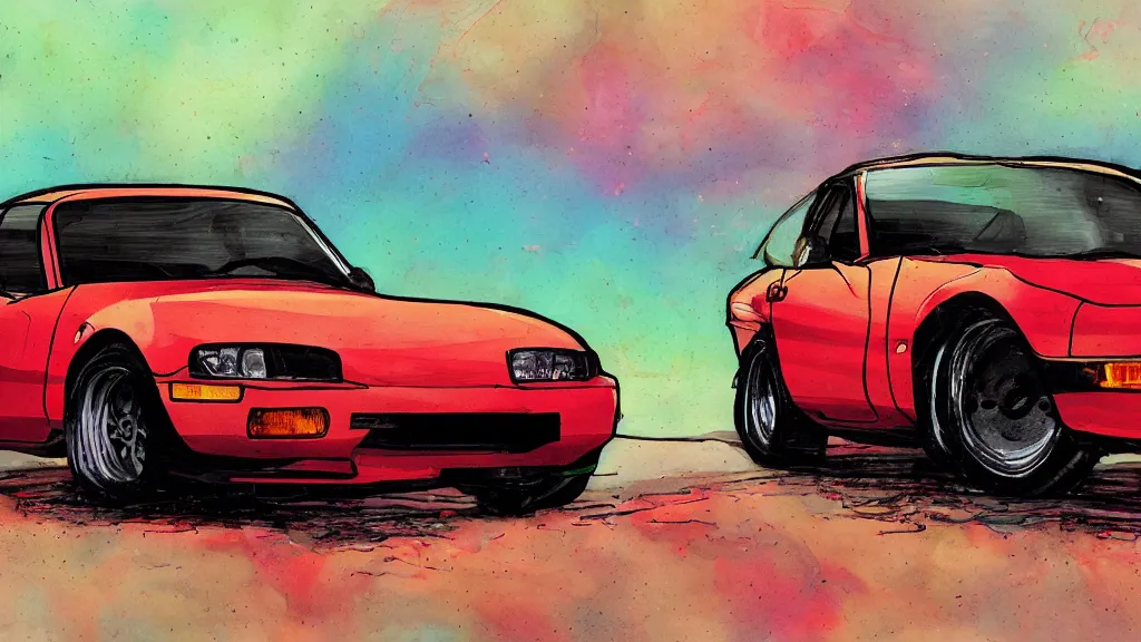 Prompt: 1 9 9 0 mazda miata in the style of dan mumford