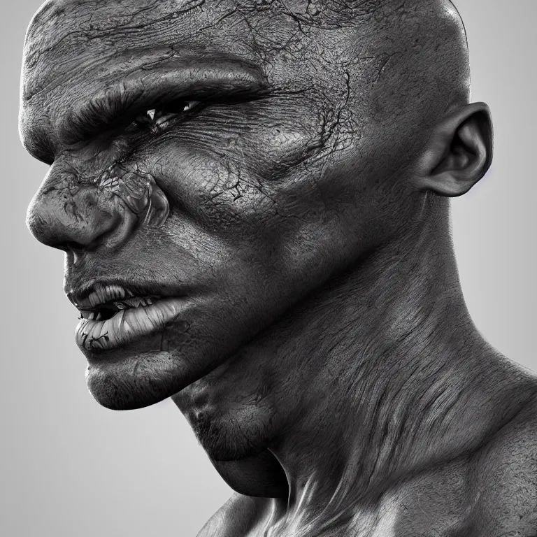 Image similar to surreal spinal ribbed tribal exotic organic face portrait of a beautiful muscled aboriginal man, beautiful detailed intricate insanely detailed BW 3D render digital art, octane render, 8K artistic photography, photorealistic