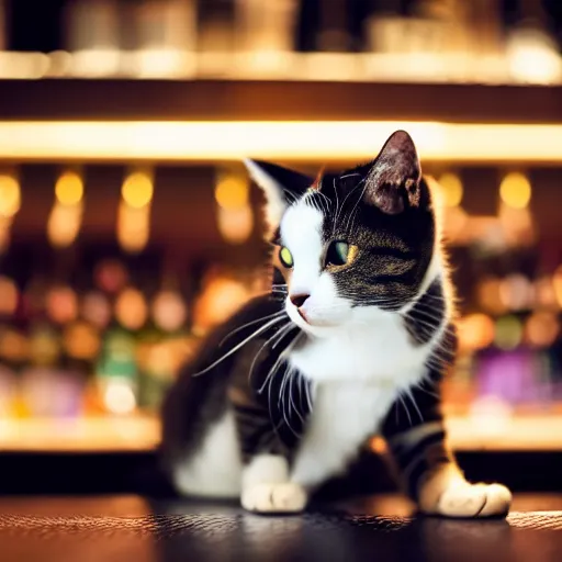 Image similar to an adorable cat snorting cocaine off of a dimly lit bar, professional photography, 8k