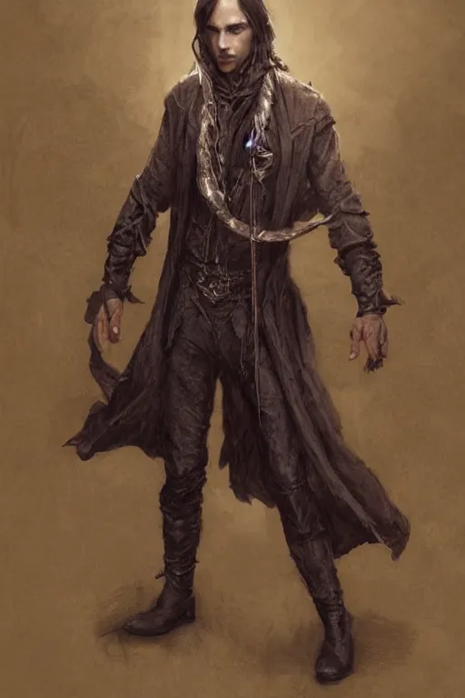 Image similar to skinny male sorcerer, long dark hair, 1 9 2 0 s fashion, elegant, highly detailed, intricate, smooth, sharp focus, artstation, digital paining, concept art, art by donato giancola, cedric peyravernay, marc simonetti, valentina remenar, craig mullins