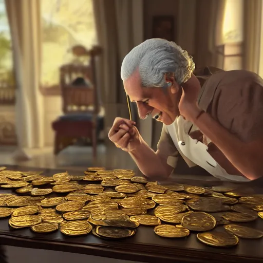 Image similar to a closeup photorealistic photograph of a happy George Washington inspecting small gold Doubloon coins at his home on Cherry Street. This 4K HD image is Trending on Artstation, featured on Behance, well-rendered, extra crisp, features intricate detail and the style of Unreal Engine.