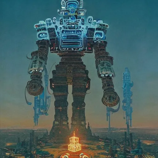 Prompt: giant mayan cyberpunk mecha with flaming eyes standing over city, perfectly clear face, shadow of the colossus screenshot by j. c. leyendecker, simon stalenhag, studio ghibli, and beksinski