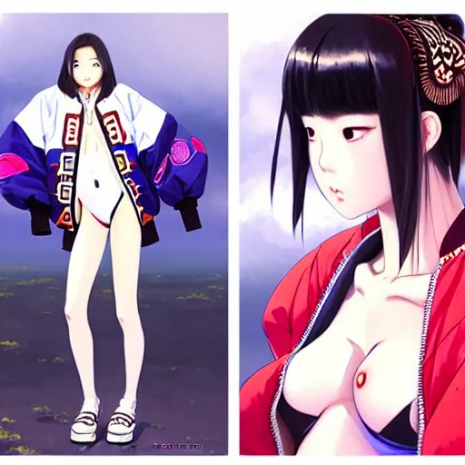 Image similar to a beautiful japanese lalisa alluring gravure model, wearing oversized designer bomber jacket and leotard, bulky poofy bomber jacket with mesoamerican patterns, mesoamerican native street fashion, gapmoe yandere grimdark, trending on pixiv fanbox, painted by greg rutkowski makoto shinkai takashi takeuchi studio ghibli, akihiko yoshida