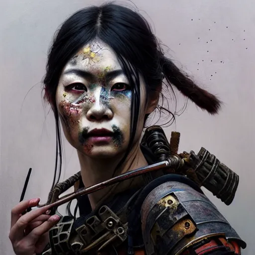 Image similar to portrait painting of a post - apocalyptic japanese lady with warpaint on her face wearing rusty samurai armor, ultra realistic, concept art, intricate details, eerie, highly detailed, photorealistic, octane render, 8 k, unreal engine. art by artgerm and greg rutkowski and charlie bowater and magali villeneuve and alphonse mucha