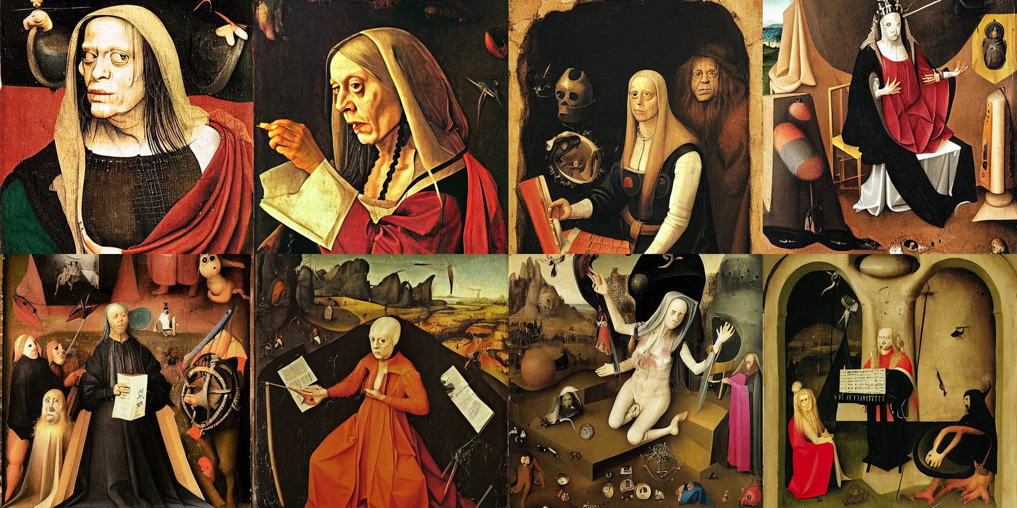 Prompt: Renaissance portrait of Genesis P-Orridge performing on stage, Psychic TV concert, painted by Hieronymus Bosch