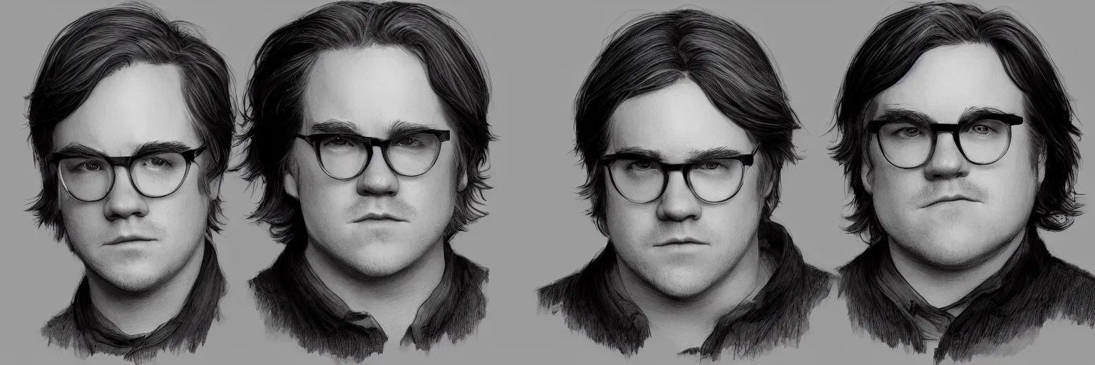 Image similar to character study of philip seymour hoffman and paul dano, 2 0 2 2, clear faces, emotional, character sheet, fine details, concept design, contrast, kim jung gi, pixar and da vinci, trending on artstation, 8 k, full body and head, turnaround, front view, back view, ultra wide angle