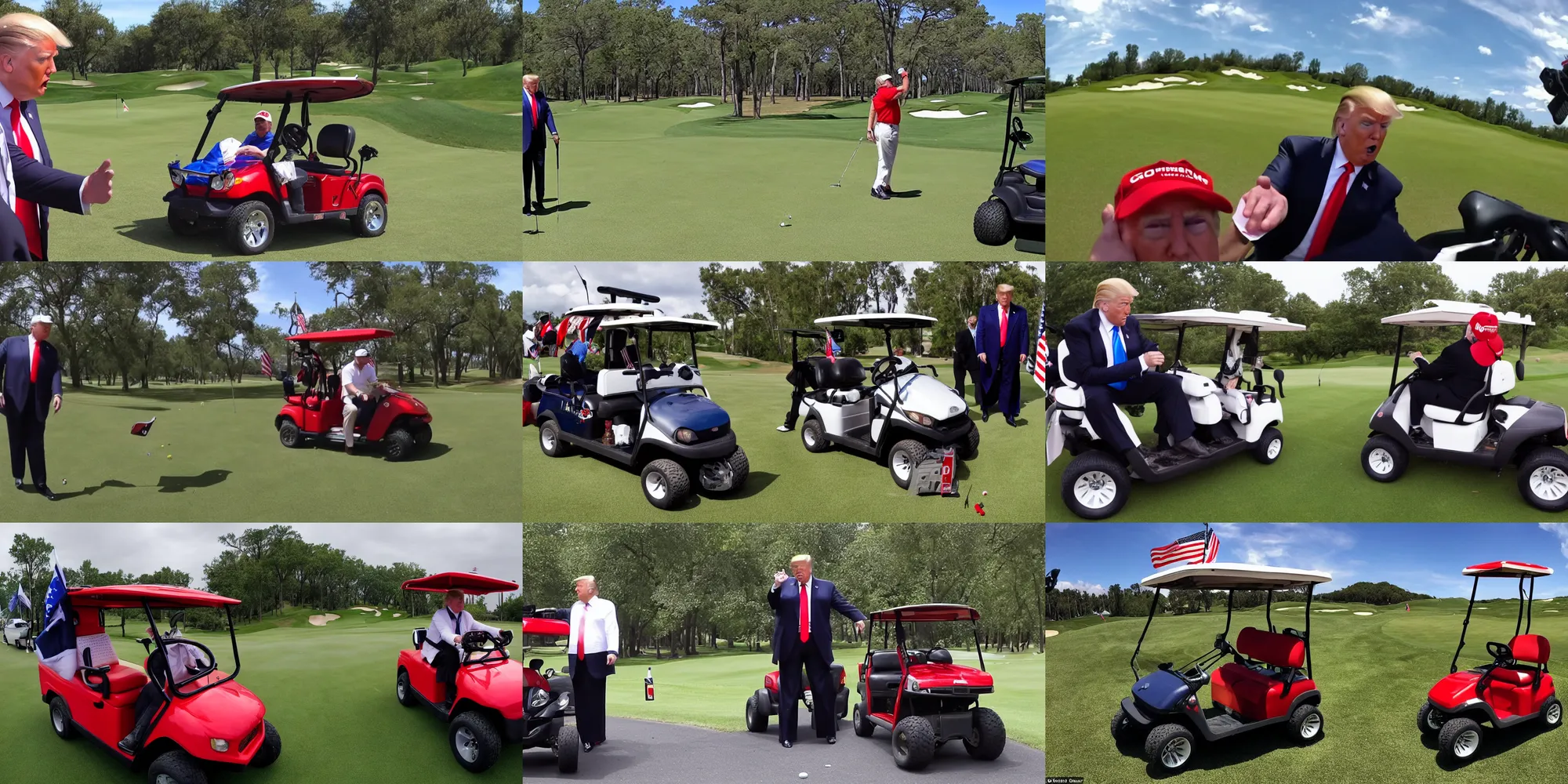 Prompt: gopro footage of donald trump getting mangled by a golf cart on a golf course, blood and bone, ground red meat