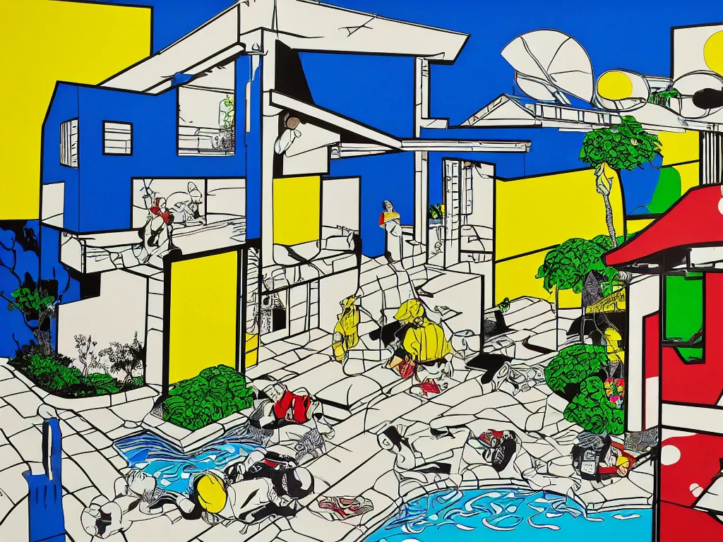 Prompt: hyperrealism composition of the japanese house with a hot springs onsen in the garden, two detailed stormtroopers in hot springs, pop - art style, jacky tsai style, andy warhol style, roy lichtenstein style, acrylic on canvas