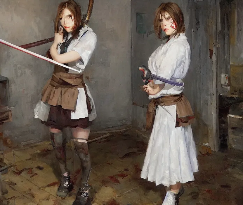 Image similar to School girl holding a katana and standing on an abandoned hospital room , by Konstantin Razumov, horror scene, highly detailded