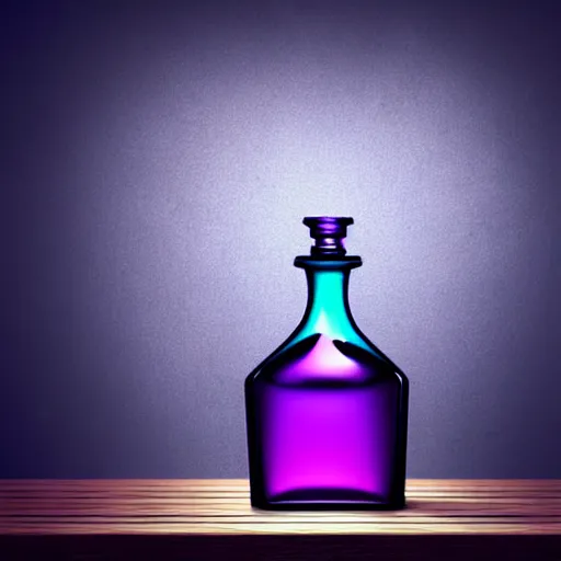 Image similar to hyper realistic deadly poison bottle, purple liquid inside on a wood table. the bottle is design like a trendy perfume bottle. background is a dark ancient laboratory complex architecture mossy stone pilars. professional digital art, dnd style, ultra detailed, trending on artstation, concept art, octane render, unreal engine 5, 8 k rendering.