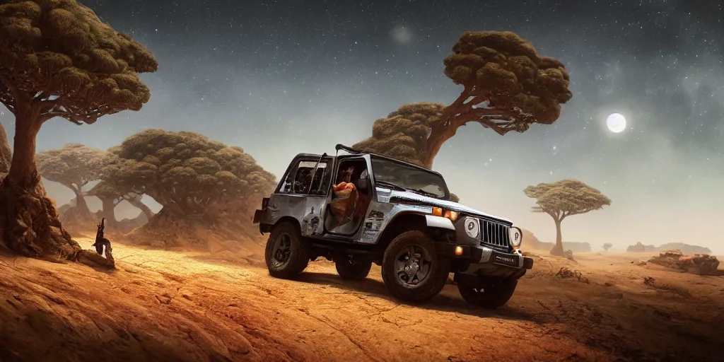 Image similar to mahindra thar riding through moonlit socotra island with dragon trees, starry night, chasing action scene, epic fantasy, sharp focus, trending on ArtStation, masterpiece, by Greg Rutkowski, by Ross Tran, by Fenghua Zhong, corona render, soft render, ultrarealistic, colorful, cinematic, shadow of the tomb rider