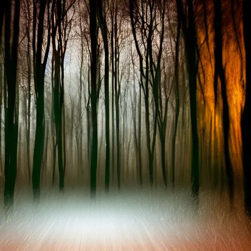 Image similar to deep forest in the night, shooting on the run, ghost far away behind the trees, poor quality of photography, 1/2 second shutter speed