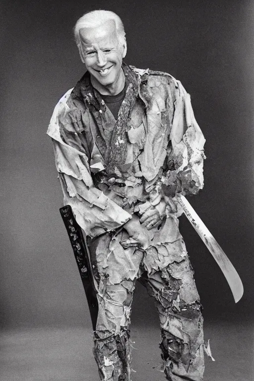 Prompt: Joe Biden with tattered clothes covered in scars holding a katana, dynamic pose, full body portrait, photograph