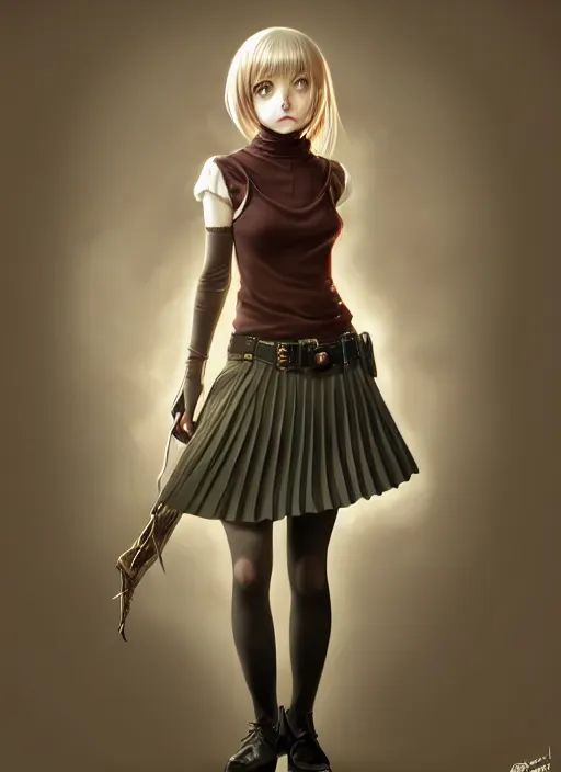 Image similar to portrait of a full body of beautiful young female detective, d & d, sleeveless turtleneck, pleated skirt, fantasy, flat lighting, intricate, highly detailed, digital painting, artstation, concept art, smooth, sharp focus, illustration, misa amane, art by simon bisley and greg rutkowski and alphonse mucha, natural tpose