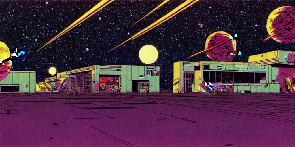 Image similar to ground angle shot of a space port at night, retro punk, ink by Frank Miller, cinematography by Jim Jarmusch, composition by Hale Woodruff, soundtrack by Aphex Twin, background by Moebius.