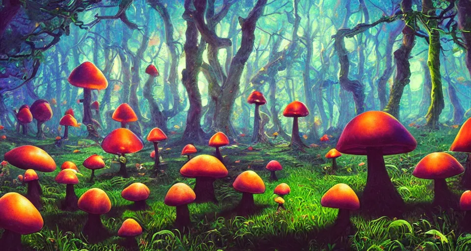 Image similar to a beautiful painting of trippy mushrooms by Tokio Aoyama, Mario Martinez, David Normal. photorealistic, trending on artstation, dramatic lighting, 8K, fantasy beautiful, surreal, cinematic.