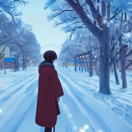Prompt: anime woman in the winter in an abandoned soviet town, beautiful face, by Makoto Shinkai