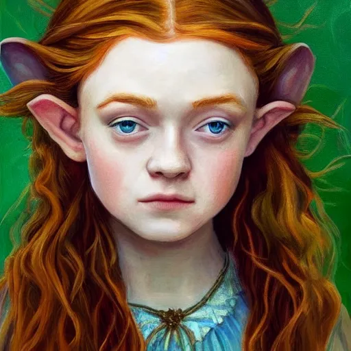 Image similar to a painting portrait of an elvish young girl, looking like Sadie sink, wild hairstyle, 8k, beautiful,