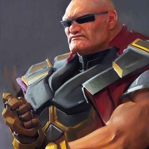 Image similar to greg manchess portrait painting of partially armored m bison from street fighter spitting fire as overwatch character, medium shot, asymmetrical, profile picture, organic painting, sunny day, matte painting, bold shapes, hard edges, street art, trending on artstation, by huang guangjian and gil elvgren and gerald brom