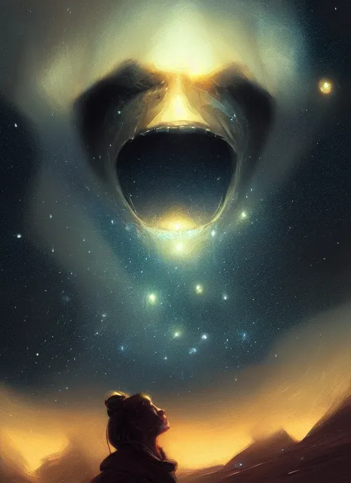 Prompt: an giant face in space, stars, glowing, space, dark, beautiful, fine details. night setting. realistic shaded lighting poster by craig mullism, artgerm, jeremy lipkin and michael garmash, unreal engine, radiant light, detailed and intricate environment, digital art, trending on art station,