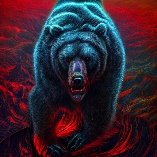 Image similar to photorealistic demon bear in the style of michael whelan and gustave dore. hyperdetailed photorealism, 1 0 8 megapixels, amazing depth, glowing rich colors, powerful imagery, psychedelic overtones, 3 d finalrender, 3 d shading, cinematic lighting, artstation concept art