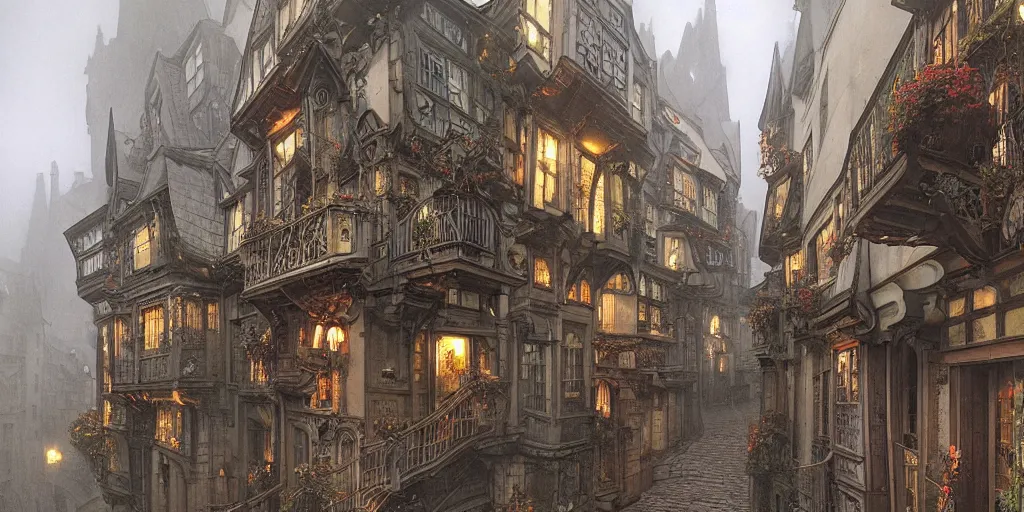 Prompt: a multi - level steep victorian dickensian village, art nouveau, baroque winding cobbled streets, style of arcane, magic the gathering, misty alleyways, tiled roofs, balconies, medieval tumbledown houses, st cirq lapopie, by brian froud and mucha and alan lee