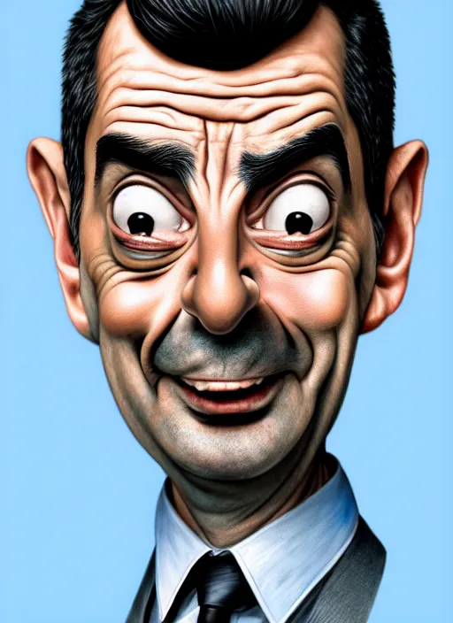 Image similar to highly detailed pencil sketch caricature portrait of silly mr bean gangster by ross tran, by greg rutkowski, brush strokes, 4 k resolution, light blue pastel background