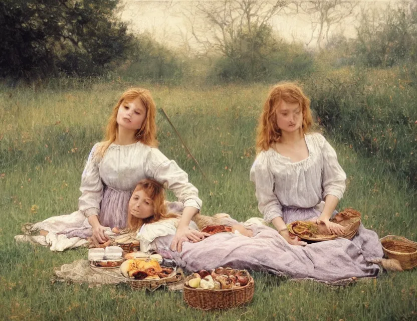 Image similar to 2 peasant girls on a picnic, cottage core, cinematic focus, polaroid photo bleached vintage pastel colors high - key lighting, soft lights, foggy, by steve hanks, by lisa yuskavage, by serov valentin, by tarkovsky, 8 k render, detailed, oil on canvas