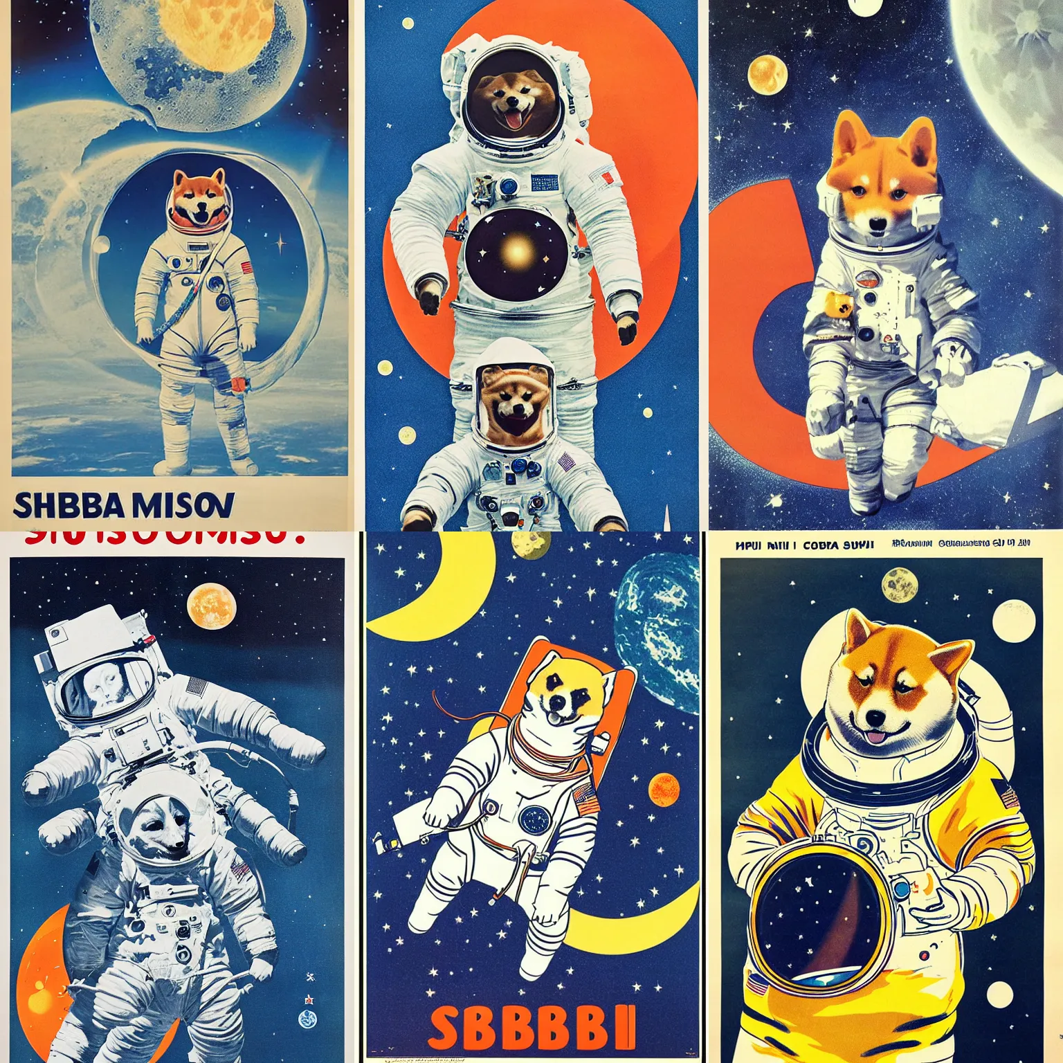 Prompt: Shiba Inu cosmonaut portrait, moon mission, 60s poster, 1968 Japanese