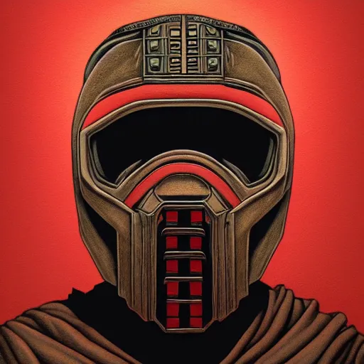 Image similar to portrait of mf doom, dr. doom metal steel mask, dark skin underneath. red t - shirt, beige complex background, intricate, elegant, highly detailed, digital painting, artstation, concept art, smooth, sharp focus, illustration, by anato finnstark, boissb - blanca. j, cindy avelino, clint cearley, anna podedworna