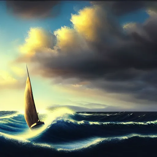 Prompt: a real photographic landscape painting with incomparable reality, super wide, ominous sky, sailing boat, wooden boat, lotus, huge waves, starry night, harry potter, volumetric lighting, clearing, realistic, james gurney, artstation - h 1 0 2 4