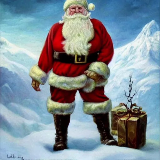 Image similar to an ultra - realistic portrait painting of santa claus in the style of frank frazetta. 4 k. ultra - realistic. highly detailed. dark fantasy. epic lighting.