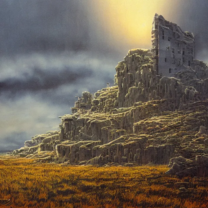 Prompt: a building in a landscape, by don maitz