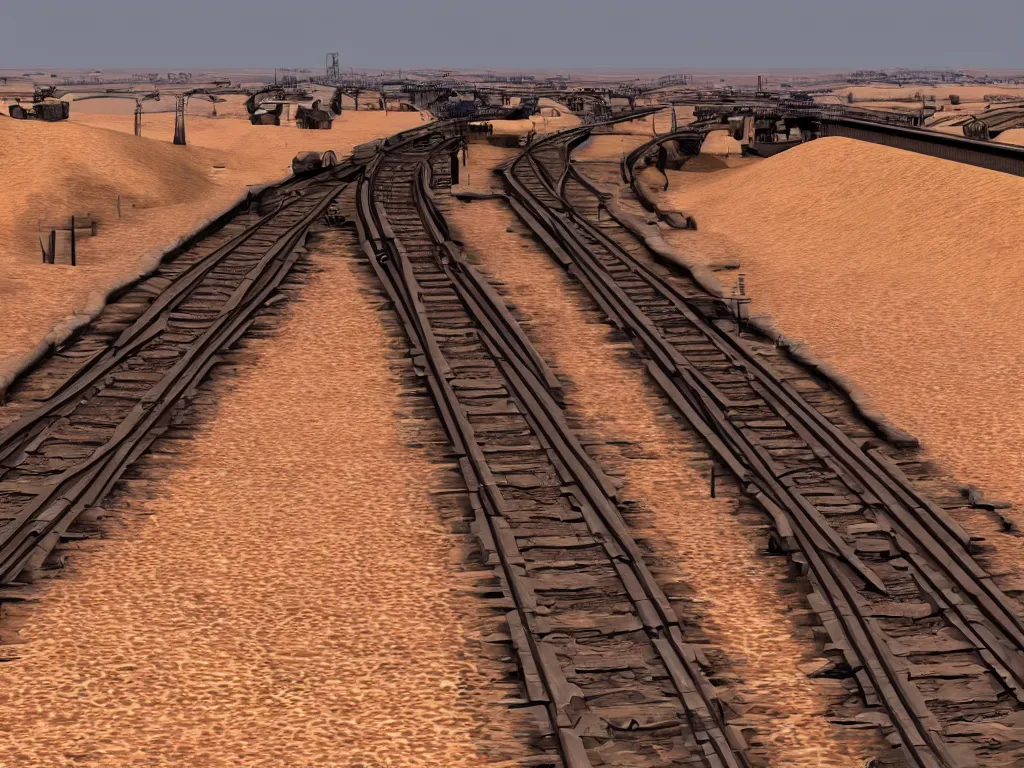 Prompt: train line with water wagons along gigantic pipelines in desert, stylised, artstation