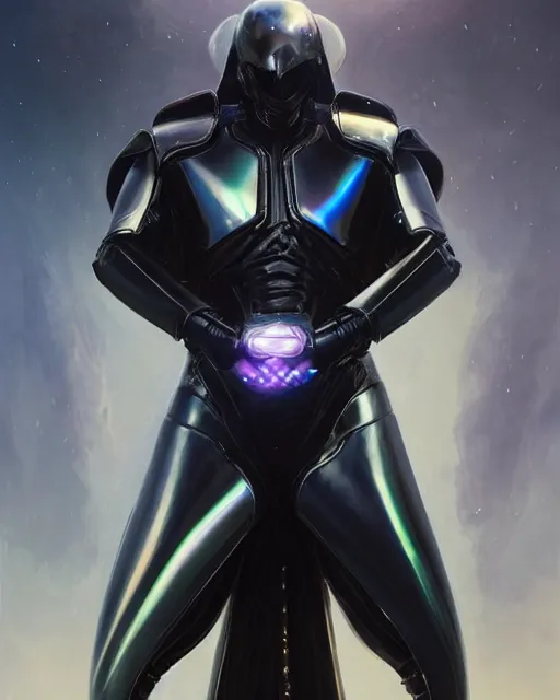 Image similar to iridescent sinewy smooth muscular male sleek glossy black pearlescent scifi armor with smooth black featureless helmet, by greg rutkowski, mark brookes, jim burns, tom bagshaw, magali villeneuve, eve ventrue, neil nelson thedarkestseason, trending on artstation