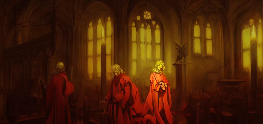 Image similar to baroque oil painting of anime satan in church, brutalist, dark fantasy, sunset, rule of thirds, digital cel shading, fake hidden detail