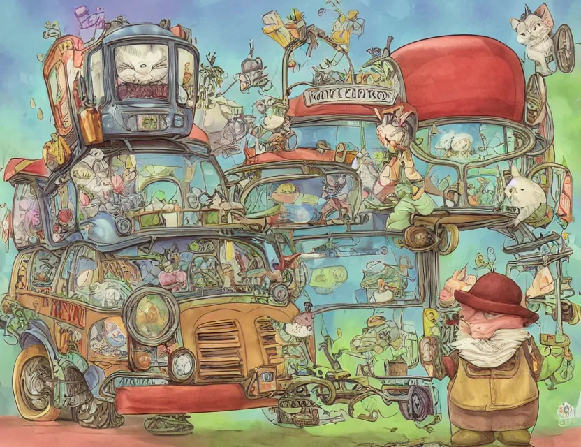 Image similar to cute and funny, a garden gnome driving a steampunk bus, a cat is on the roof holding on for dear life, ratfink style by ed roth, centered award winning watercolor pen illustration, isometric illustration by chihiro iwasaki, edited by range murata, tiny details by artgerm and watercolor girl, symmetrically isometrically centered, sharply focused