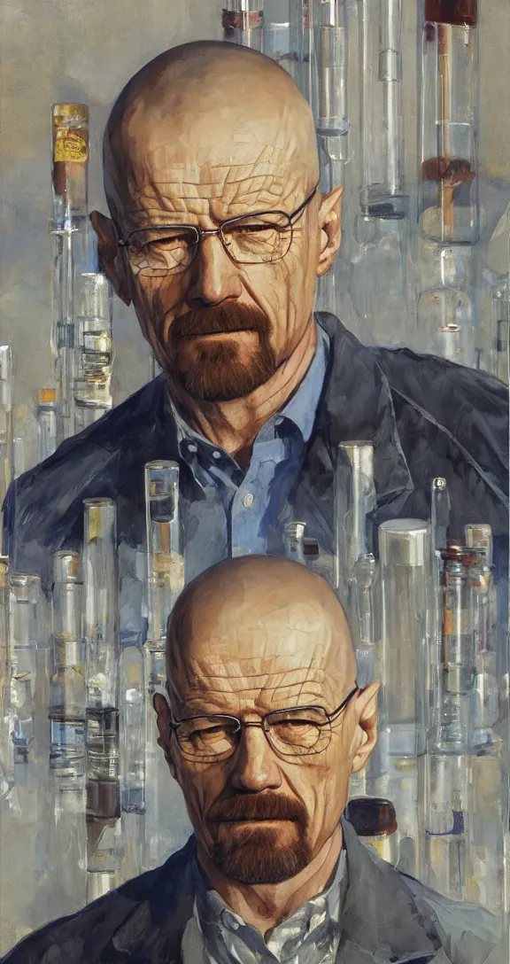 Image similar to a highly detailed beautiful portrait of walter white surrounded by test tubes, by gregory manchess, james gurney, james jean