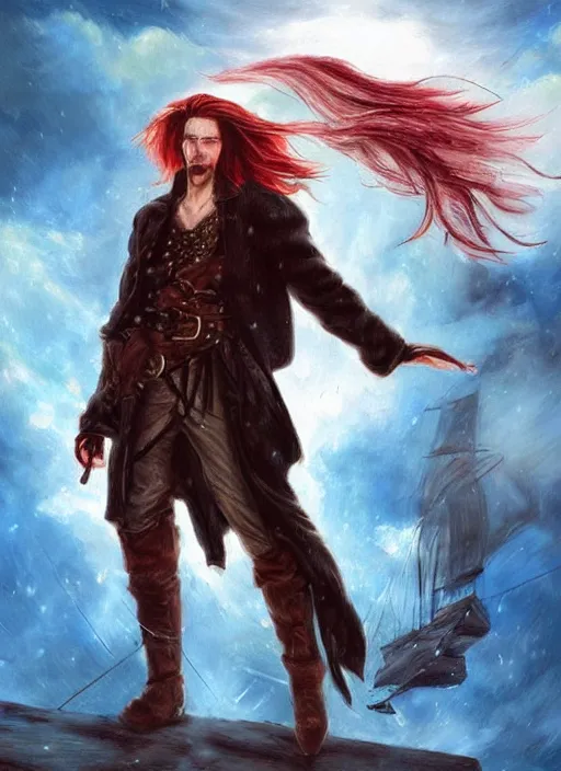 Image similar to epic fantasy portrait painting of a long haired, red headed male sky - pirate in front of an airship in the style of the matrix