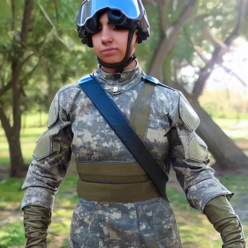 Image similar to a futuristic soldier captain with a metal visor and a blue shoulderpad