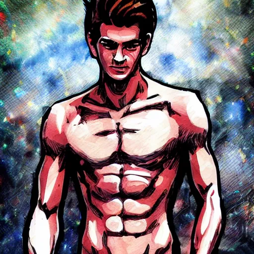 Prompt: Andrew Garfield with a shredded body type, anime art, anime style