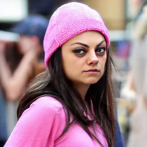 Prompt: !!!!Mila Kunis, wearing a pink beanie cap and pink shirt and large !!!!oval eyeglasses