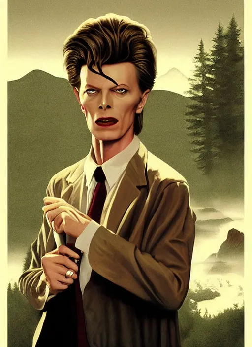 Prompt: twin peaks poster art, portrait of david bowie in small town solving mystery, by michael whelan, rossetti bouguereau, artgerm, retro, nostalgic, old fashioned